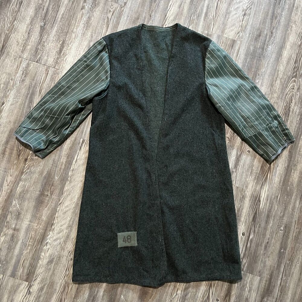 Vintage Military Wool Overcoat Liner Gray Green Pinstripe Sleeve Size 48